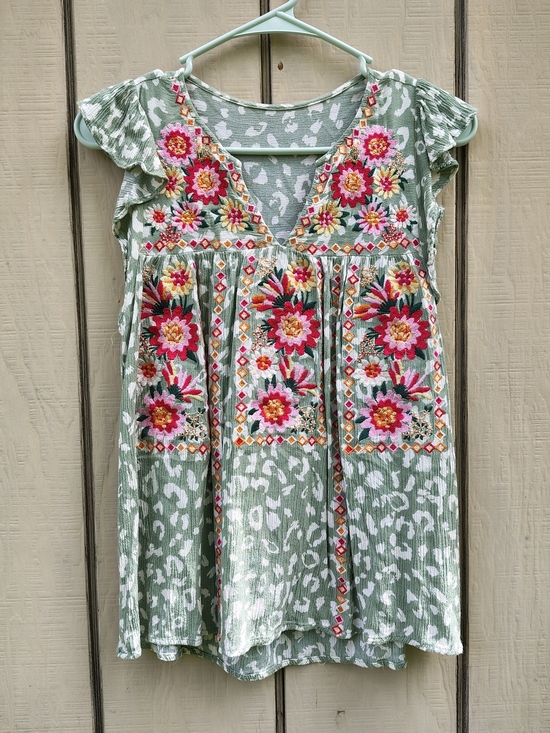 Tops - Green Floral Boho Embroidered V-Neck Tunic Peasant Top S Cottagecore Gauze Artsy